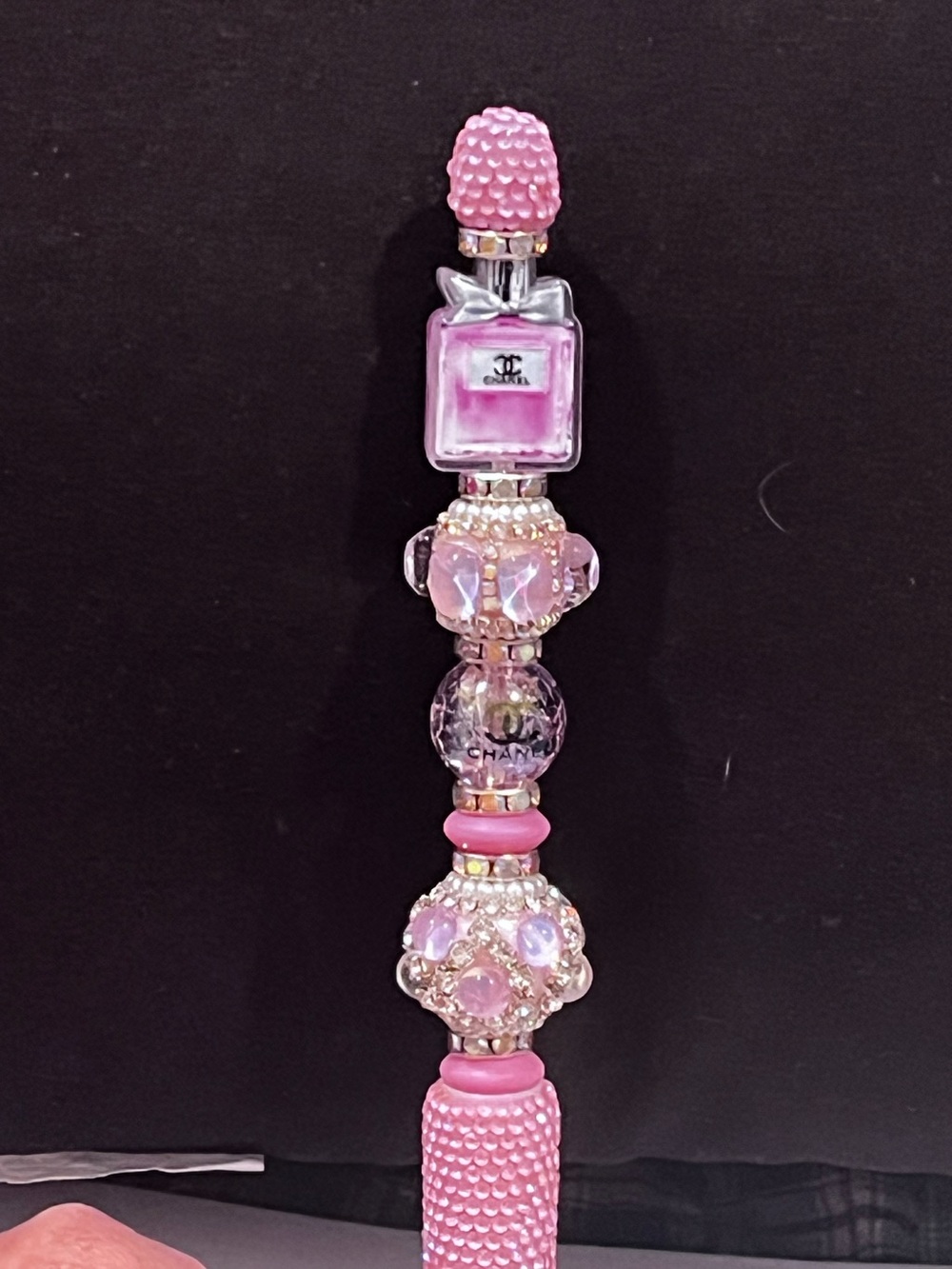 Pink designer inspired purfume bottle focal fancy beaded pen
